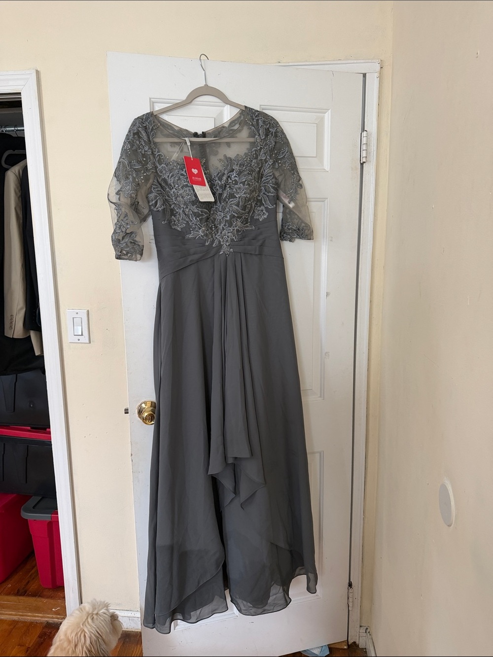 JJs House Gray Embroidered Lace Bodice Evening Gown